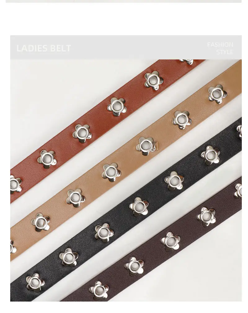 Women's Silver Buckle Leather Belt with Flower Embellishment — feature 16