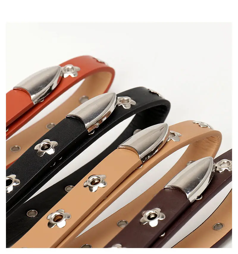 Women's Silver Buckle Leather Belt with Flower Embellishment — feature 17