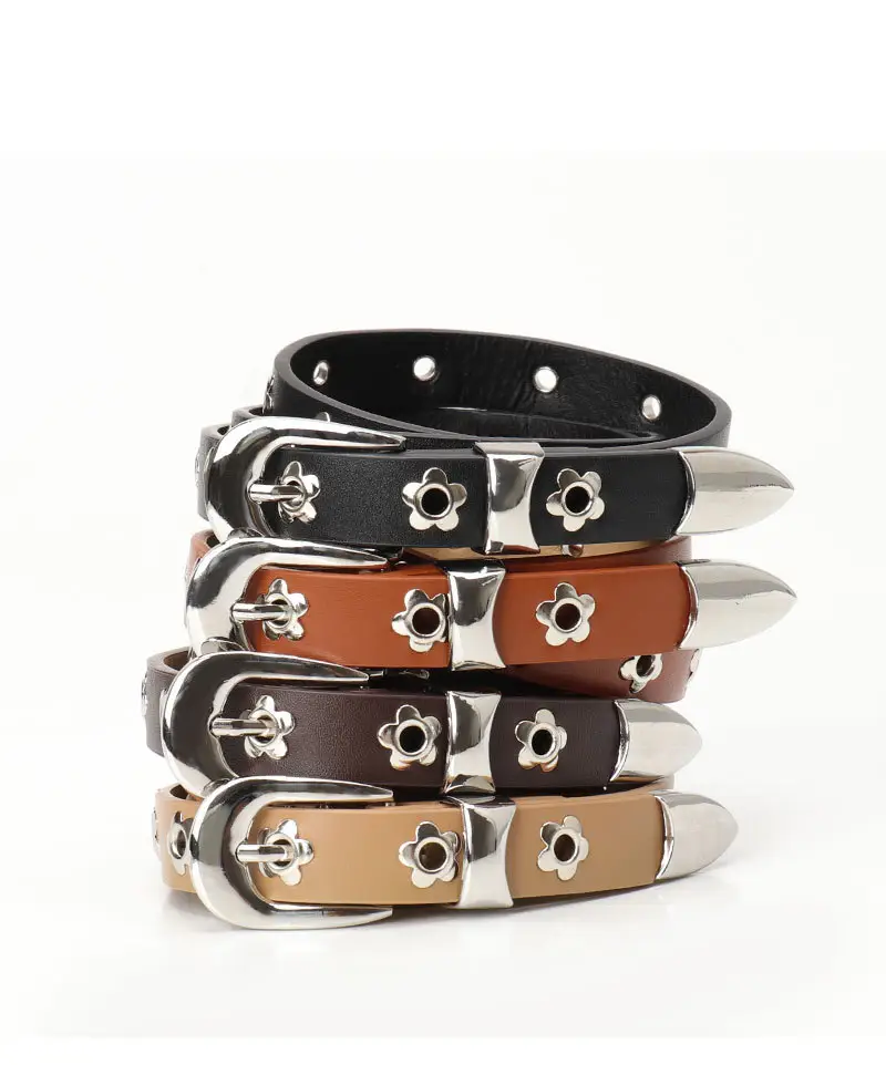 Women's Silver Buckle Leather Belt with Flower Embellishment — feature 18