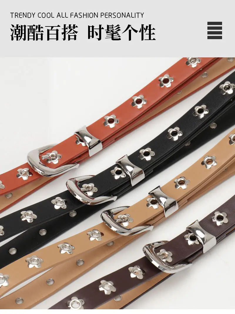 Women's Silver Buckle Leather Belt with Flower Embellishment — feature 3