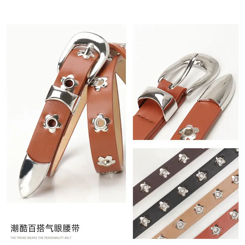 Women's Silver Buckle Leather Belt with Flower Embellishment — feature 4