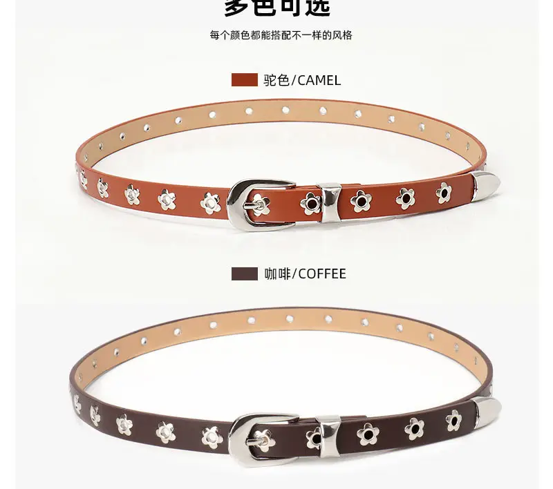 Women's Silver Buckle Leather Belt with Flower Embellishment — feature 6