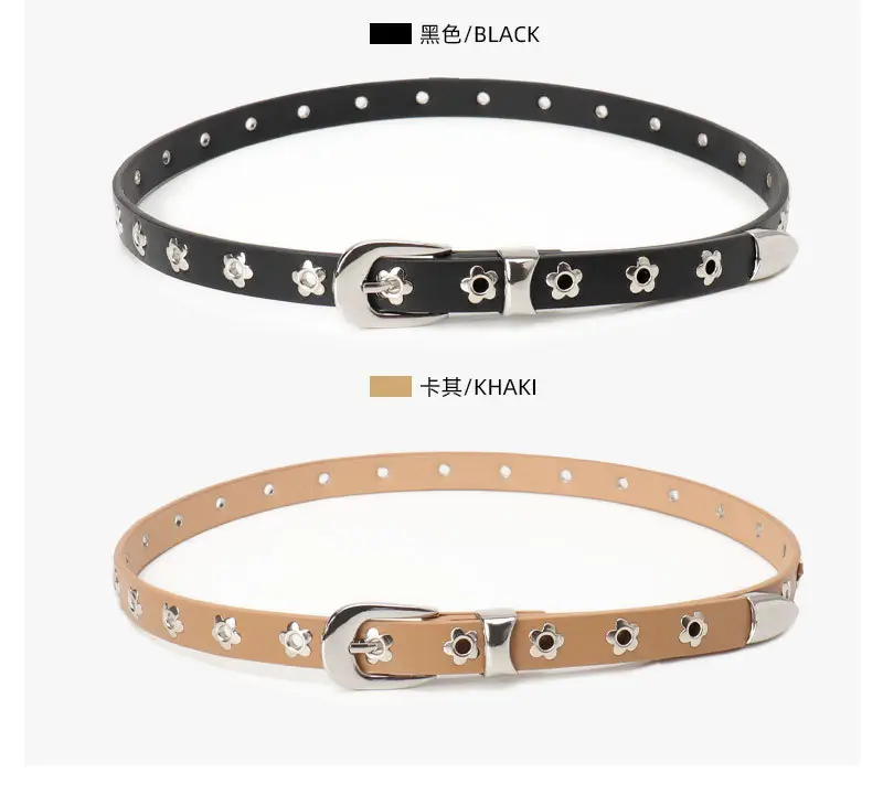 Women's Silver Buckle Leather Belt with Flower Embellishment — feature 7