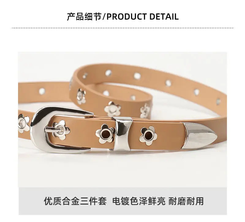 Women's Silver Buckle Leather Belt with Flower Embellishment — feature 9