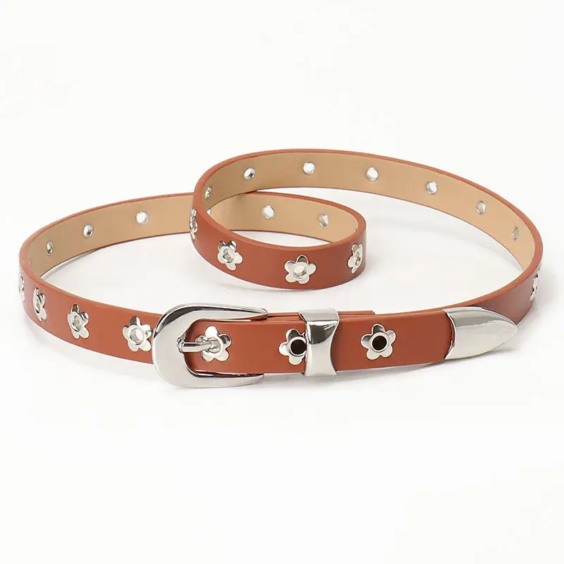 Women's Silver Buckle Leather Belt with Flower Embellishment
