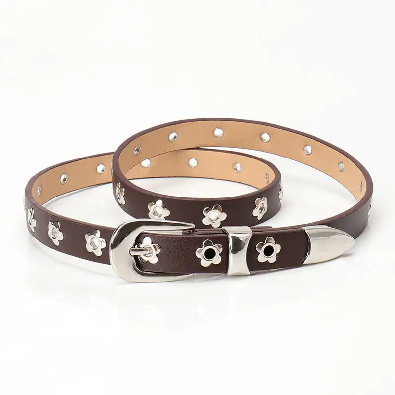 Women's Silver Buckle Leather Belt with Flower Embellishment