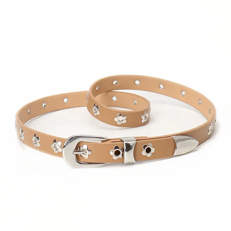 Women's Silver Buckle Leather Belt with Flower Embellishment