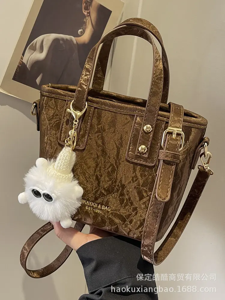 Women's White Satchel Shoulder Bag with Pom Pom - Image 7