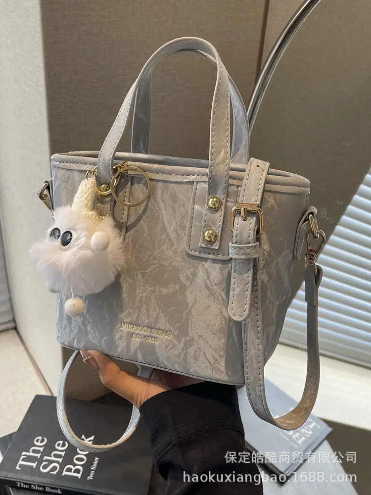 Women's White Satchel Shoulder Bag with Pom Pom - Image 8