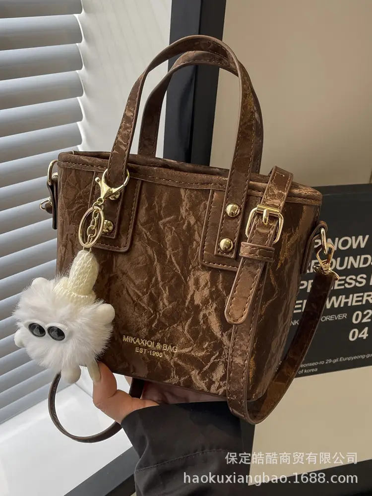 Women's White Satchel Shoulder Bag with Pom Pom - Image 9