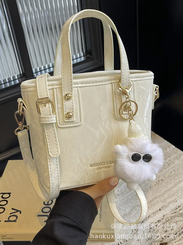 Women's White Satchel Shoulder Bag with Pom Pom - Image 10