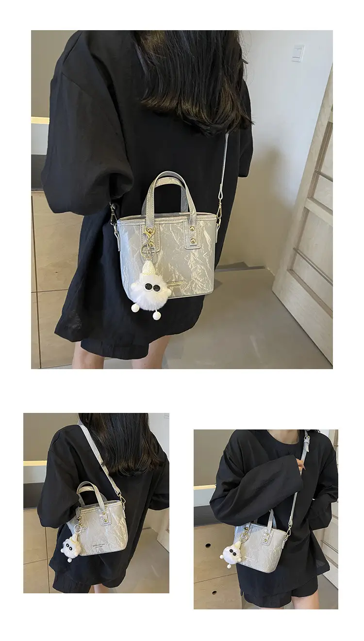 Women's White Satchel Shoulder Bag with Pom Pom — feature 10