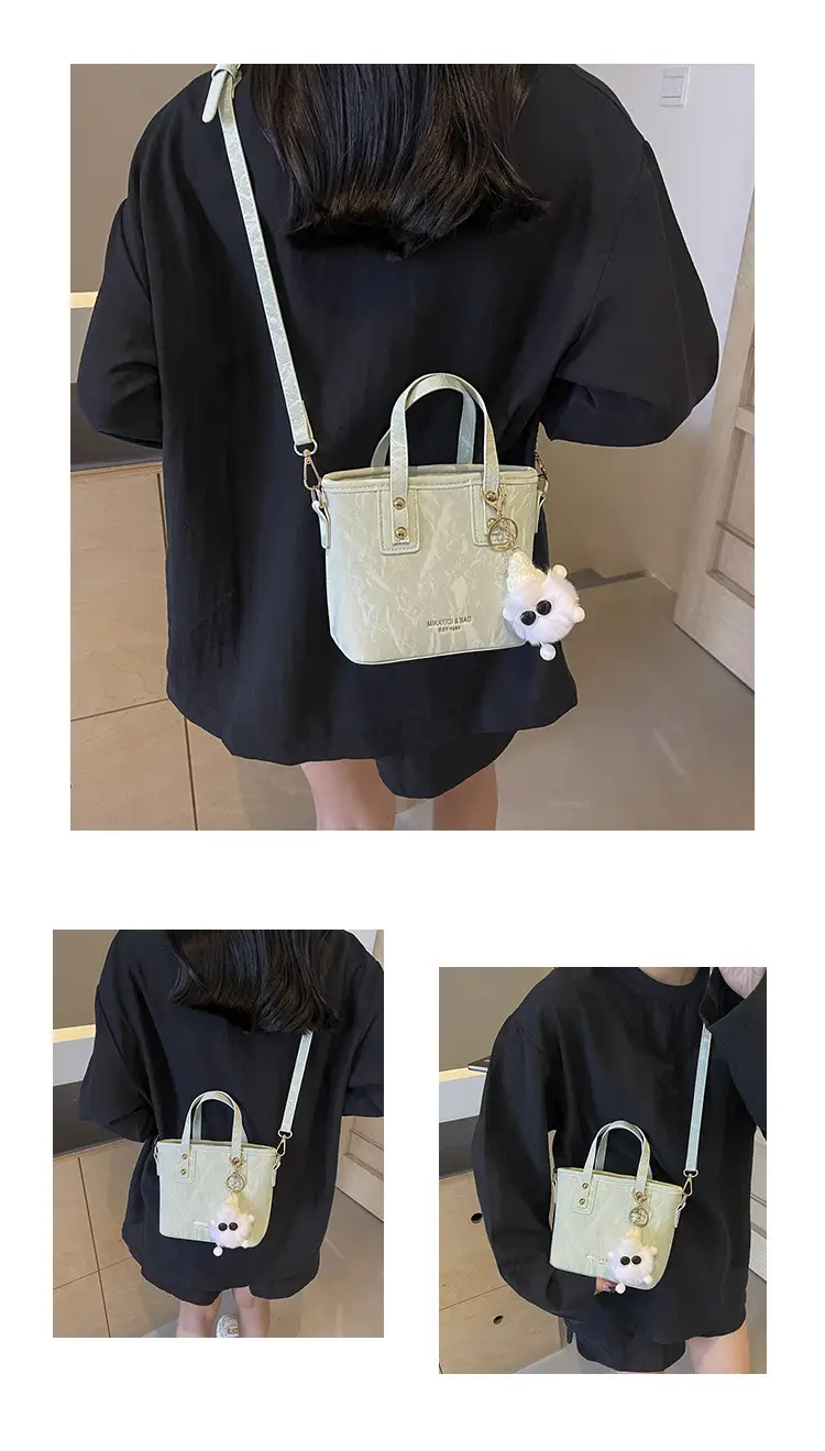 Women's White Satchel Shoulder Bag with Pom Pom — feature 11