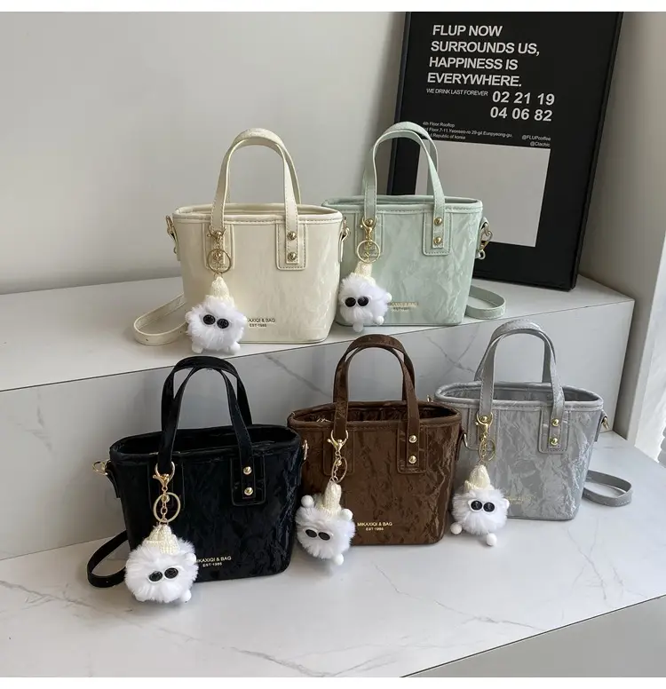 Women's White Satchel Shoulder Bag with Pom Pom — feature 13
