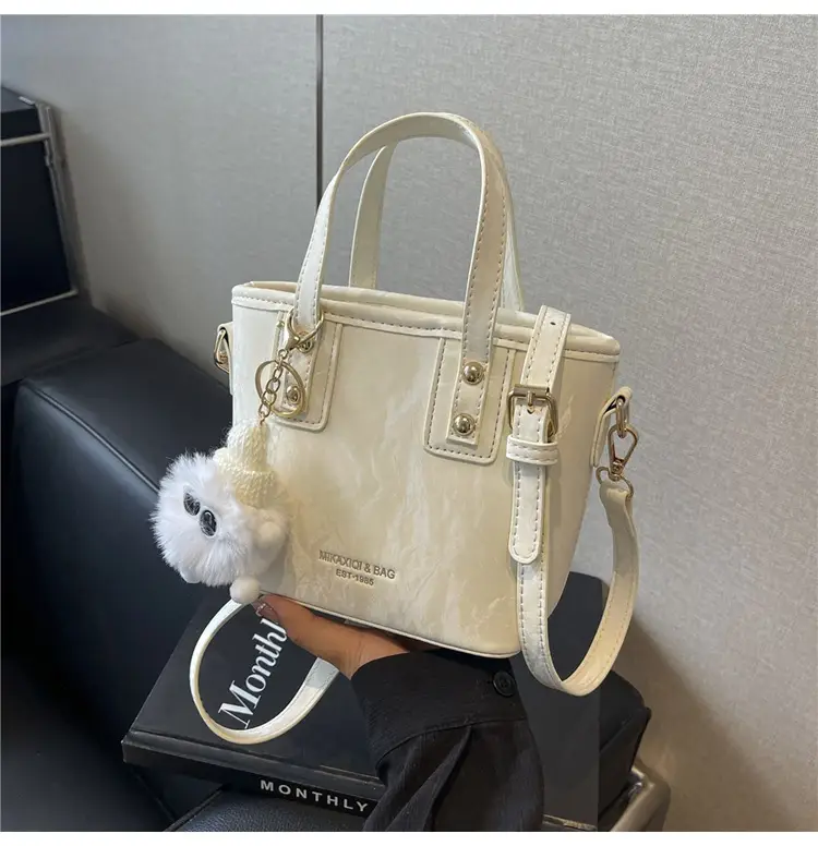 Women's White Satchel Shoulder Bag with Pom Pom — feature 15