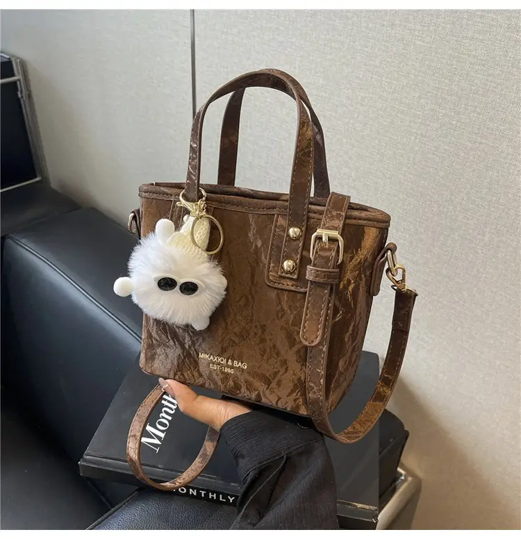 Women's White Satchel Shoulder Bag with Pom Pom — feature 16