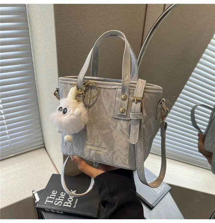 Women's White Satchel Shoulder Bag with Pom Pom — feature 17