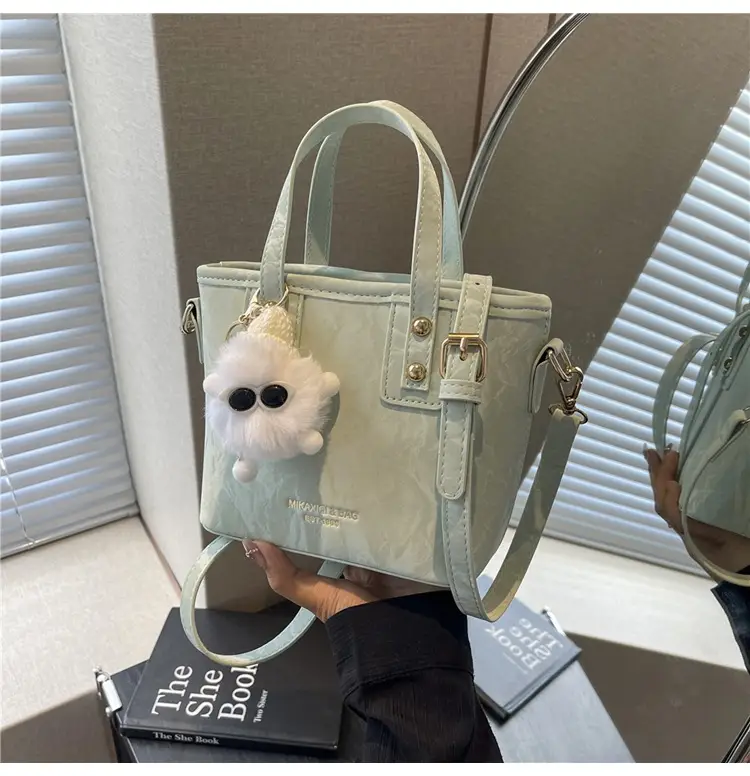 Women's White Satchel Shoulder Bag with Pom Pom — feature 18