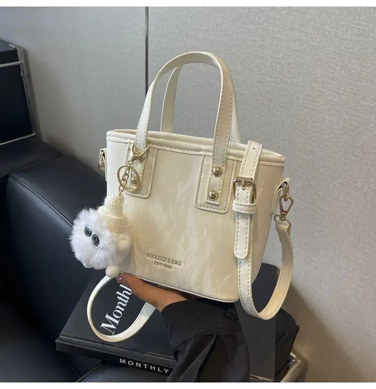 Women's White Satchel Shoulder Bag with Pom Pom — feature 19