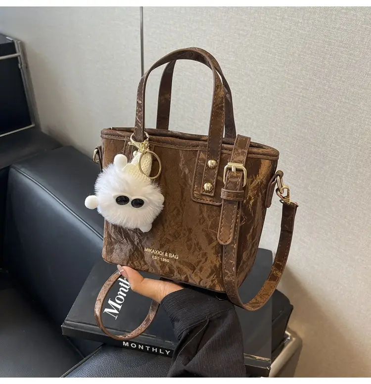 Women's White Satchel Shoulder Bag with Pom Pom — feature 20