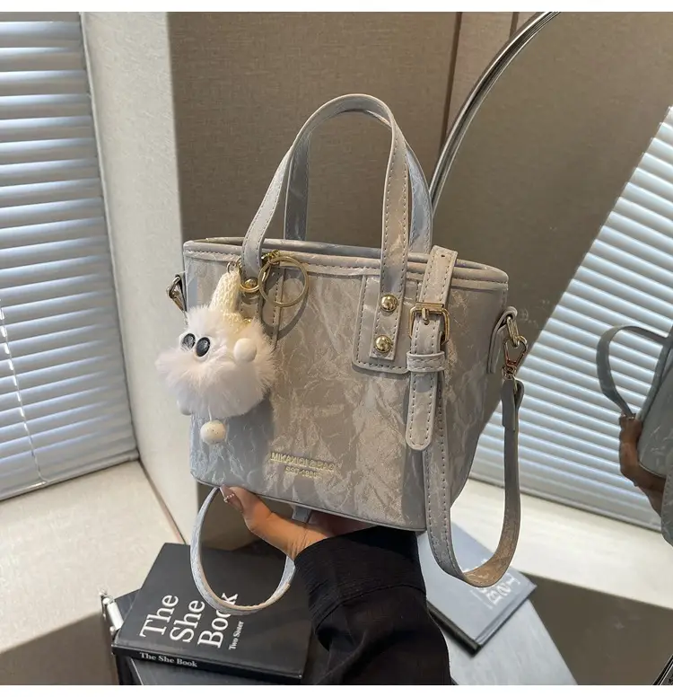 Women's White Satchel Shoulder Bag with Pom Pom — feature 21