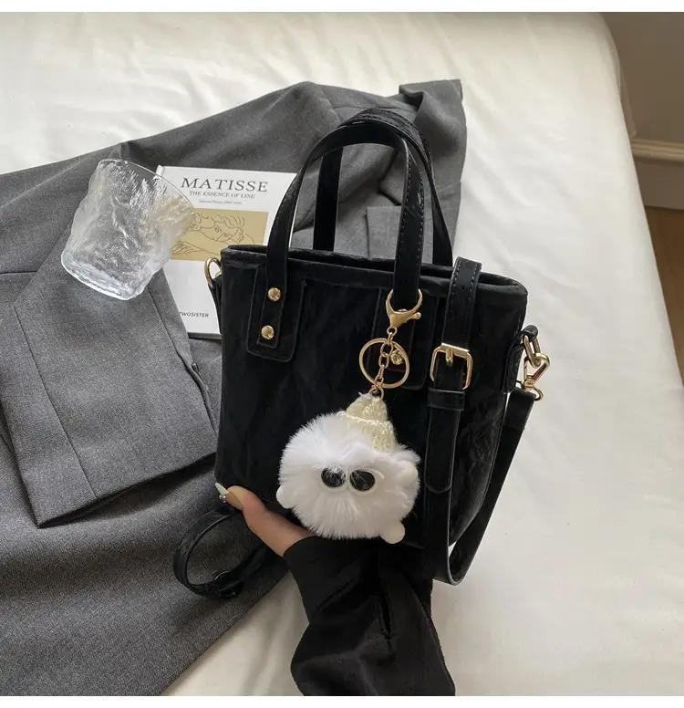 Women's White Satchel Shoulder Bag with Pom Pom — feature 23
