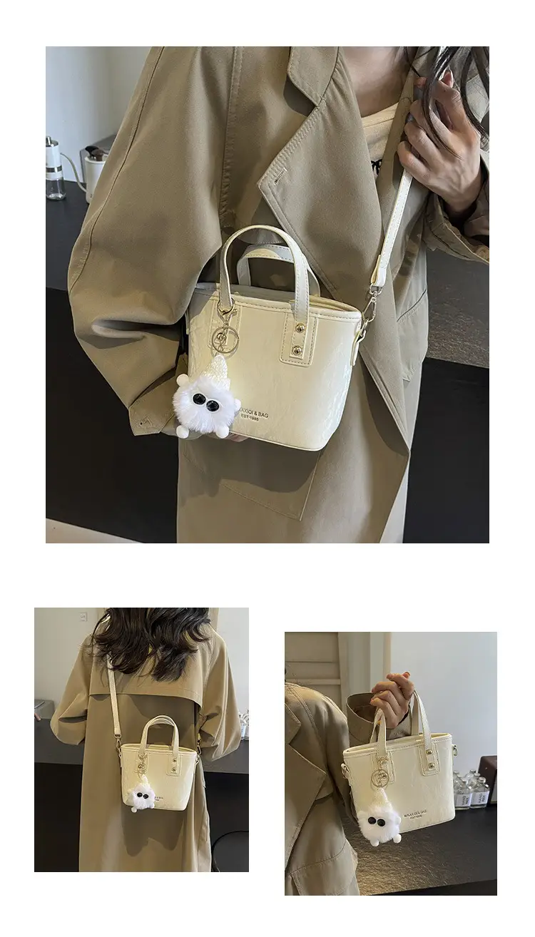 Women's White Satchel Shoulder Bag with Pom Pom — feature 8