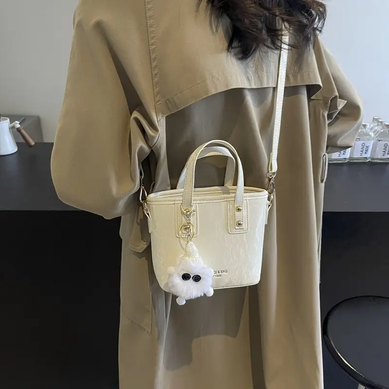Women's White Satchel Shoulder Bag with Pom Pom - Image 2