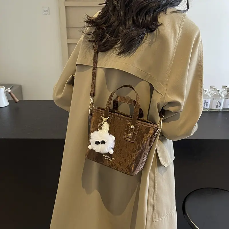 Women's White Satchel Shoulder Bag with Pom Pom - Image 3