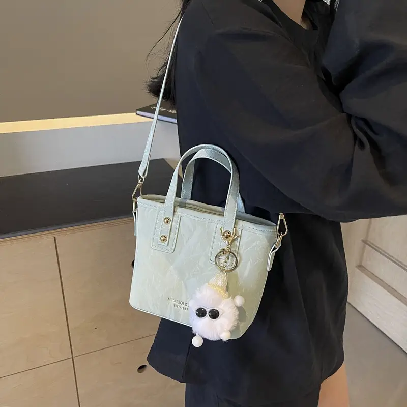 Women's White Satchel Shoulder Bag with Pom Pom - Image 4