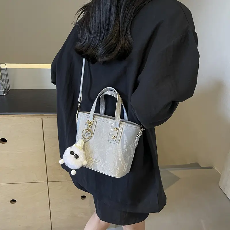 Women's White Satchel Shoulder Bag with Pom Pom - Image 5