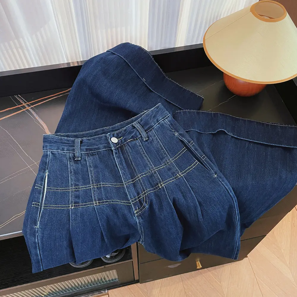 Dark Blue Slim Fit Wide Leg Denim Trousers for Women