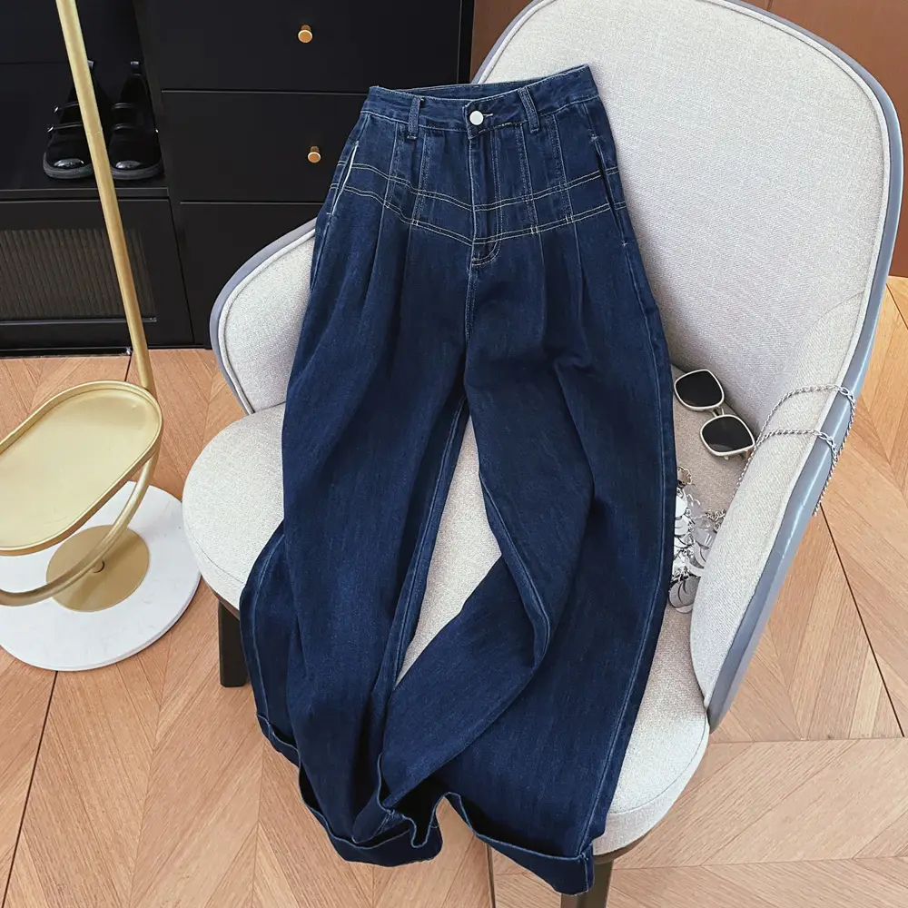 Dark Blue Slim Fit Wide Leg Denim Trousers for Women