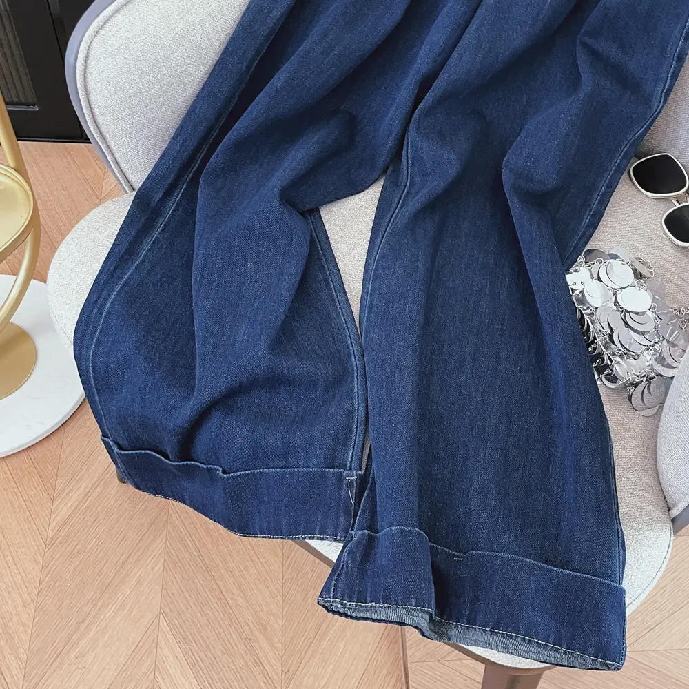 Dark Blue Slim Fit Wide Leg Denim Trousers for Women — feature 10