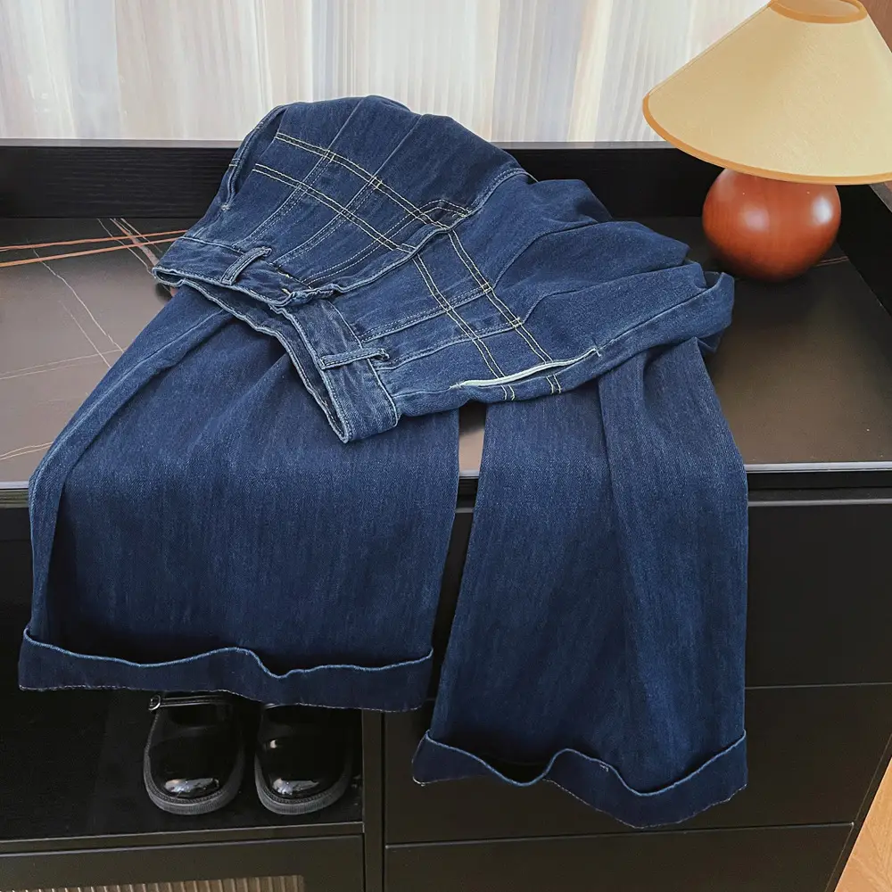 Dark Blue Slim Fit Wide Leg Denim Trousers for Women — feature 2