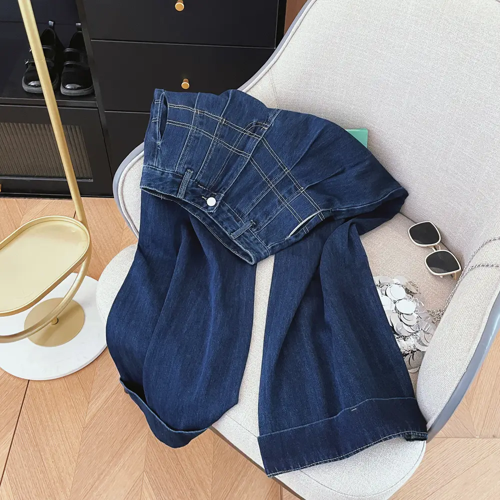 Dark Blue Slim Fit Wide Leg Denim Trousers for Women — feature 5