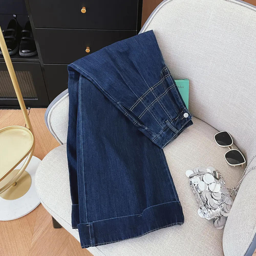 Dark Blue Slim Fit Wide Leg Denim Trousers for Women — feature 6