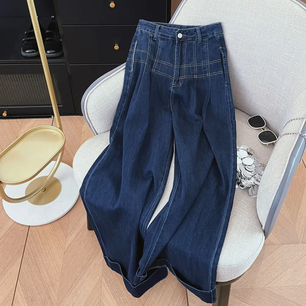 Dark Blue Slim Fit Wide Leg Denim Trousers for Women — feature 7