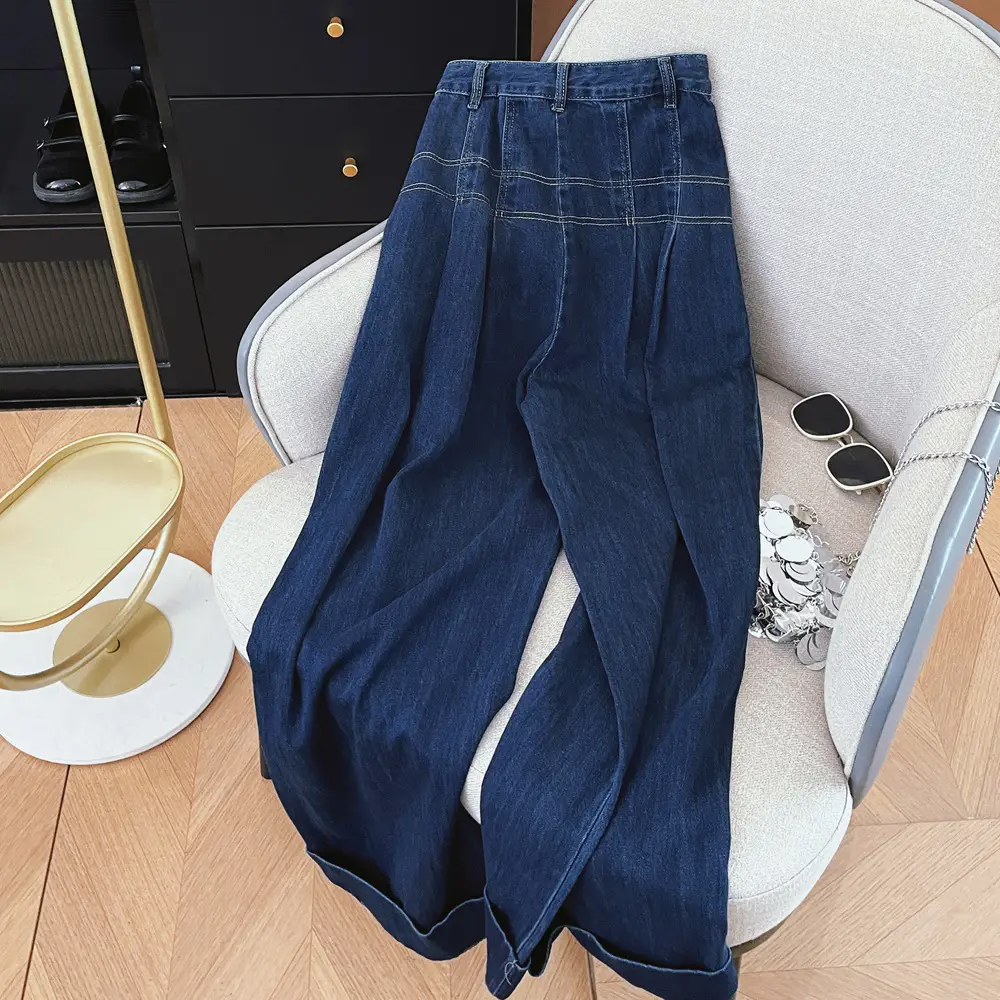 Dark Blue Slim Fit Wide Leg Denim Trousers for Women — feature 8