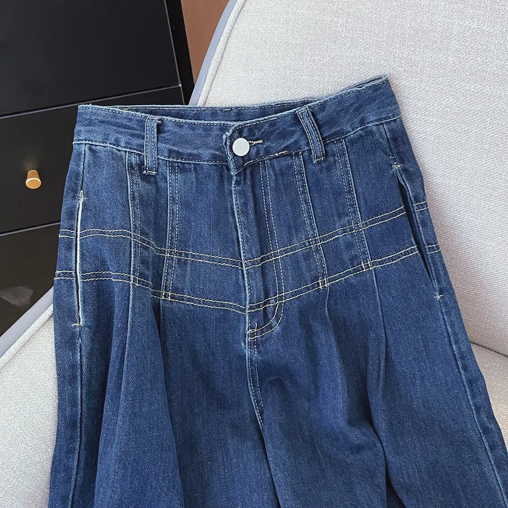 Dark Blue Slim Fit Wide Leg Denim Trousers for Women — feature 9