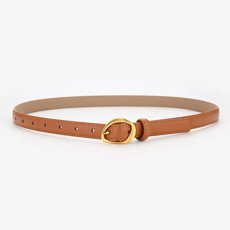 New Women's Brown Leather Belt with Gold Buckle - Image 2