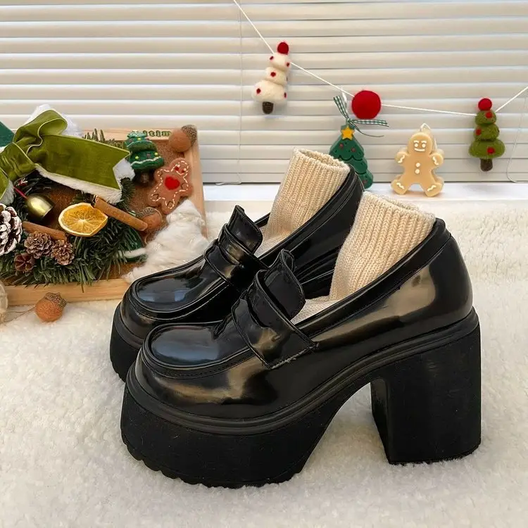 Women's Platform Leather Shoes with Thick Soles, British Style Jk Uniform Shoes, 2024 New Model, 8cm High Heels, Lightweight Loafers — feature 1