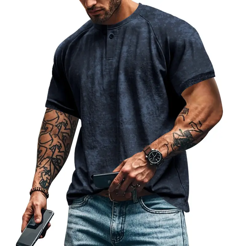 2025 Men's 2025 Retro Old Henry Collar T-Shirt Heavy Slim Raglan - Image 7