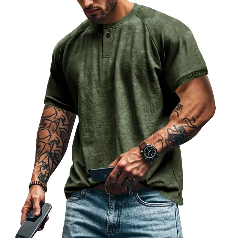 2025 Men's 2025 Retro Old Henry Collar T-Shirt Heavy Slim Raglan - Image 9