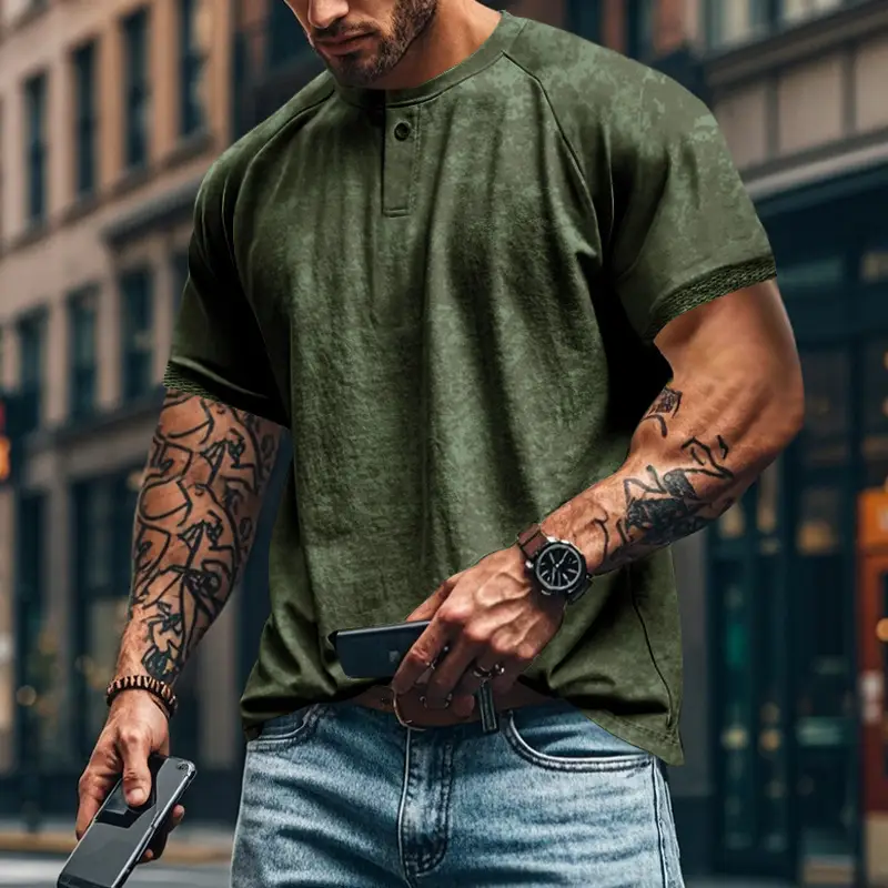 2025 Men's 2025 Retro Old Henry Collar T-Shirt Heavy Slim Raglan — feature 16