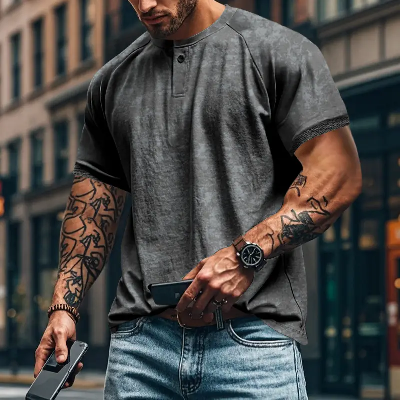 2025 Men's 2025 Retro Old Henry Collar T-Shirt Heavy Slim Raglan - Image 5