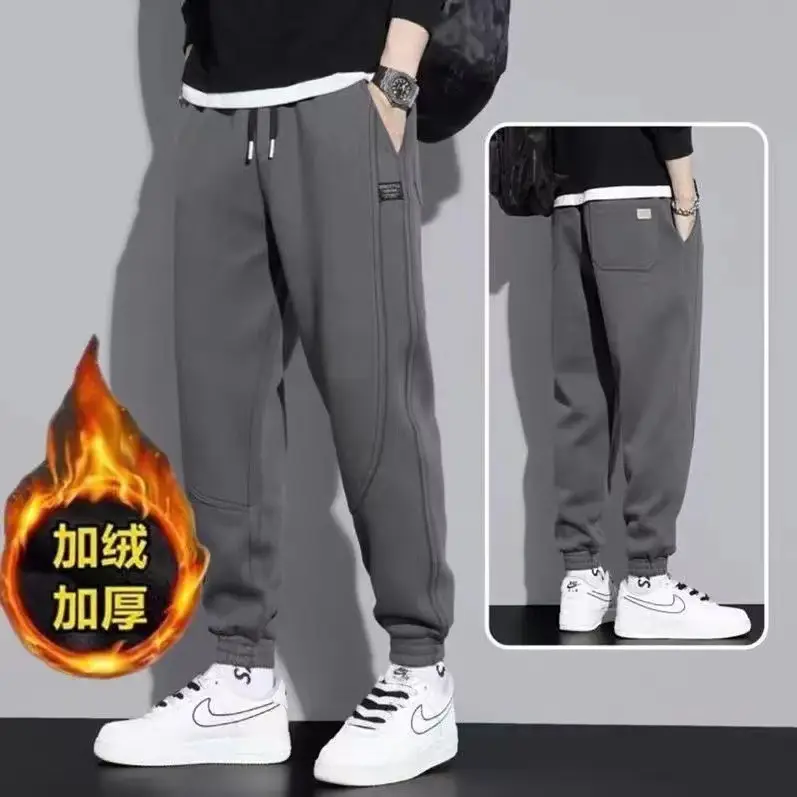 Men Grey Fleece Lined Casual Pants Winter Warm Loose Fit - Image 11