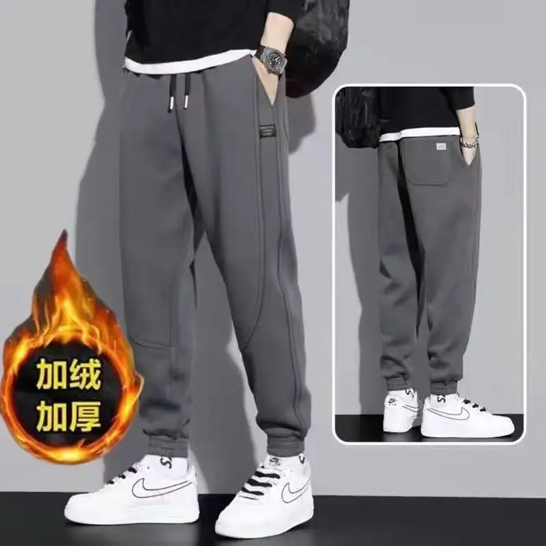 Men Grey Fleece Lined Casual Pants Winter Warm Loose Fit - Image 2