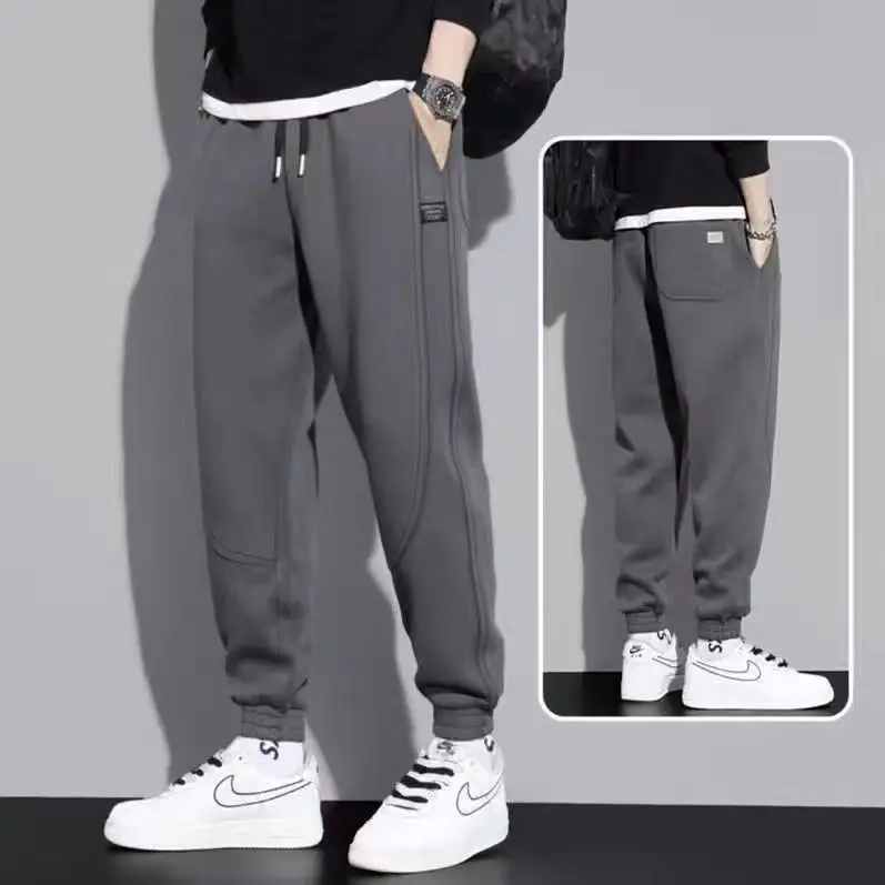Men Grey Fleece Lined Casual Pants Winter Warm Loose Fit - Image 5