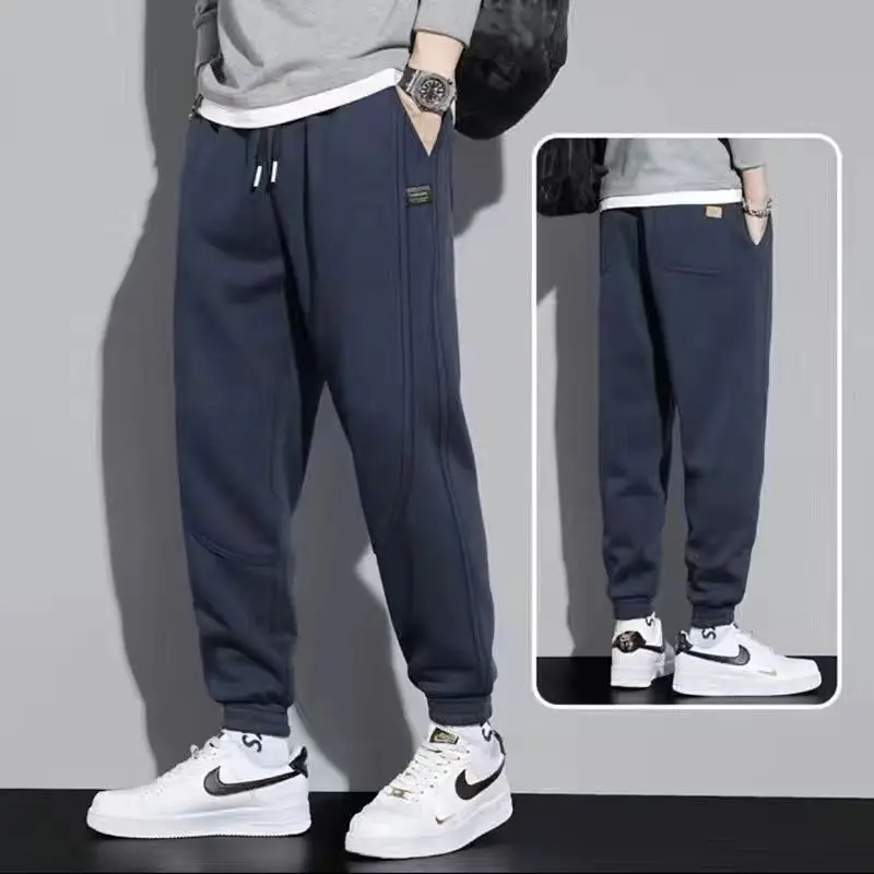 Men Grey Fleece Lined Casual Pants Winter Warm Loose Fit - Image 6